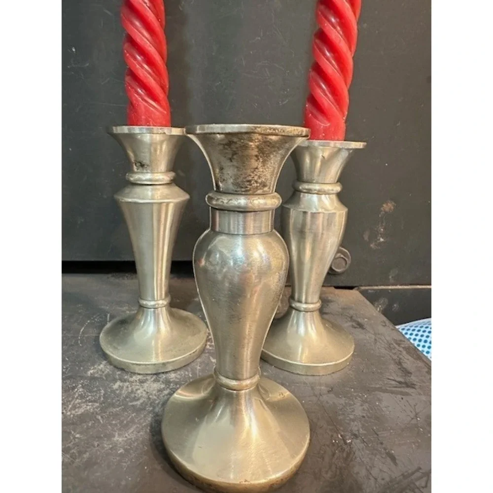 Restoration Hardware Silver Metal Candlestick Holders‎ Set of 3 with Red Candles